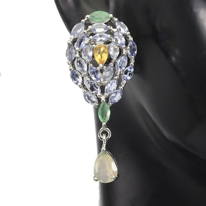 Unheated Fire Opal 7x5mm Citrine Emerald Tanzanite 925 Sterling Silver Earrings
