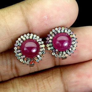 925 Sterling Silver Earrings Round Ruby Sapphire Diamond Cut Gemstone Jewelry