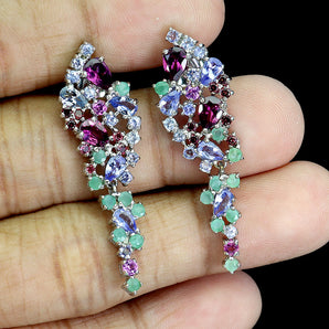 925 Sterling Silver Earrings Rhodolite 6x4mm Emerald Tanzanite Gemstone Jewelry