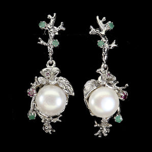 925 Sterling Silver Earrings Round Emerald Rhodolite Pearl Gemstone Jewelry