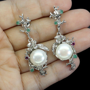 925 Sterling Silver Earrings Round Emerald Rhodolite Pearl Gemstone Jewelry