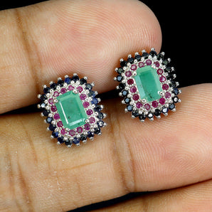 925 Sterling Silver Earrings Octagon Emerald 6x4mm Ruby Sapphire Gemstone
