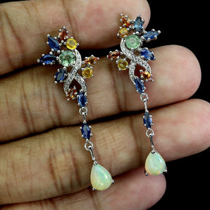 925 Sterling Silver Earrings Pear Fire Opal 8x6mm Sapphire Gemstone Jewelry