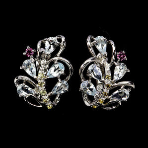 925 Sterling Silver Earrings Pear Aquamarine Rhodolite Sapphire Gemstone Jewelry