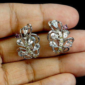 925 Sterling Silver Earrings Pear Aquamarine Rhodolite Sapphire Gemstone Jewelry