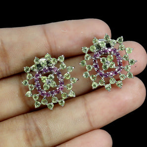 925 Sterling Silver Earrings Round Peridot Rhodolite Garnet Gemstone Jewelry