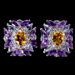925 Sterling Silver Earrings Oval Citrine Amethyst Tanzanite Gemstone Jewelry