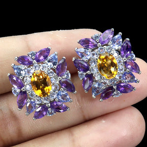 925 Sterling Silver Earrings Oval Citrine Amethyst Tanzanite Gemstone Jewelry