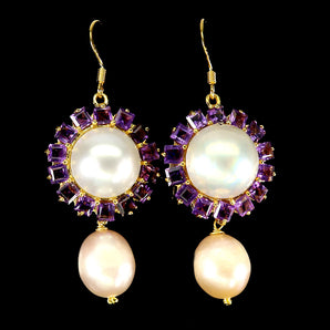 925 Sterling Silver Earrings Square Amethyst Pearl Flower Gemstone Jewelry