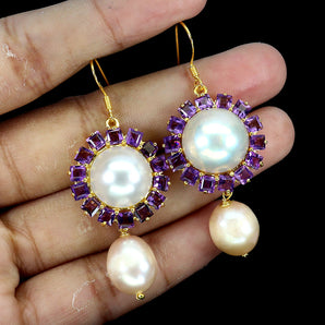 925 Sterling Silver Earrings Square Amethyst Pearl Flower Gemstone Jewelry
