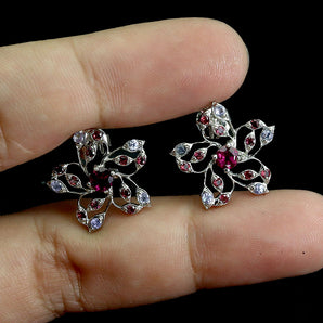 925 Sterling Silver Earrings Round Rhodolite Garnet Tanzanite Gemstone Jewelry