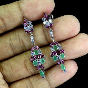 925 Sterling Silver Earrings Oval Rhodolite Garnet Tourmaline Gemstone Jewelry