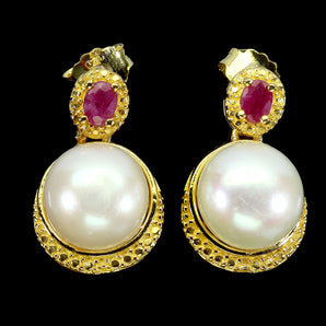 925 Sterling Silver Earrings Oval Ruby 4x3mm Pearl Natural Gemstone Jewelry