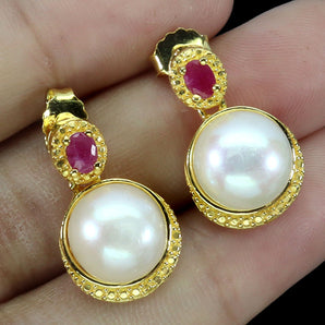 925 Sterling Silver Earrings Oval Ruby 4x3mm Pearl Natural Gemstone Jewelry