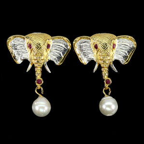 925 Sterling Silver Earrings Round Ruby Myanmar Pearl Elephant Gemstone Jewelry