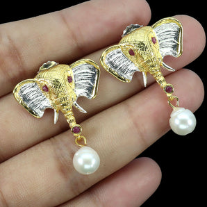 925 Sterling Silver Earrings Round Ruby Myanmar Pearl Elephant Gemstone Jewelry