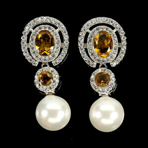 925 Sterling Silver Earrings Oval Citrine 7x5mm Mother Of Pearl Gemstone Jewelry