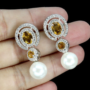 925 Sterling Silver Earrings Oval Citrine 7x5mm Mother Of Pearl Gemstone Jewelry