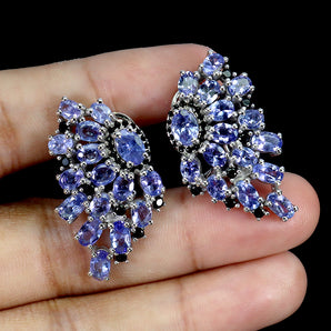 925 Sterling Silver Earrings Oval Tanzanite 6x4mm Black Spinel Gemstone Jewelry