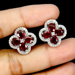 925 Sterling Silver Earrings Oval Ruby 5x4mm Flower Natural Gemstone Jewelry