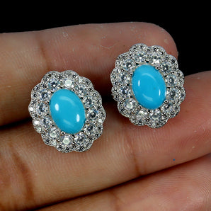 925 Sterling Silver Earrings Oval Turquoise 7x5mm Natural Gemstone Jewelry