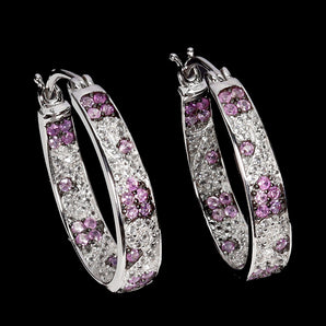 925 Sterling Silver Earrings Round Pink Sapphire White Topaz Gemstone Jewelry