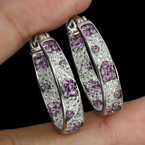 925 Sterling Silver Earrings Round Pink Sapphire White Topaz Gemstone Jewelry