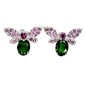 925 Sterling Silver Earrings Oval Chrome Diopside Rhodolite Bee Gemstone Jewelry