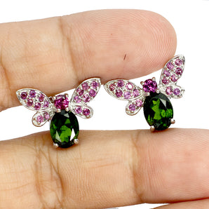 925 Sterling Silver Earrings Oval Chrome Diopside Rhodolite Bee Gemstone Jewelry