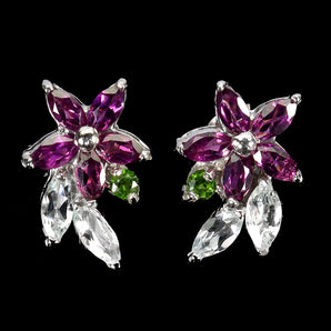 925 Sterling Silver Earrings Marquise Rhodolite Garnet Aquamarine Gemstone