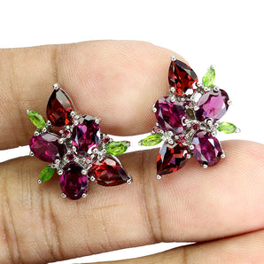 925 Sterling Silver Earrings Oval Rhodolite Chrome Diopside Gemstone Jewelry