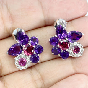 925 Sterling Silver Earrings Pear Amethyst 6x4mm White Topaz Gemstone Jewelry