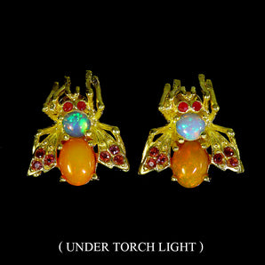 925 Sterling Silver Earrings Oval Orange Opal 8x6mm Fire Opal Ruby Bee Gemstone