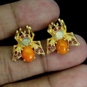 925 Sterling Silver Earrings Oval Orange Opal 8x6mm Fire Opal Ruby Bee Gemstone