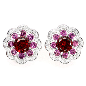 925 Sterling Silver Earrings Round Mozambique Garnet 7mm Rhodolite Gemstone