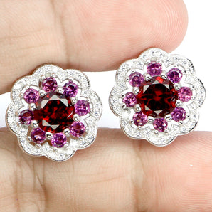 925 Sterling Silver Earrings Round Mozambique Garnet 7mm Rhodolite Gemstone