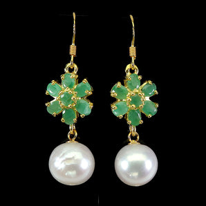 925 Sterling Silver Earrings Oval Emerald 4x3mm Pearl Flower Gemstone Jewelry