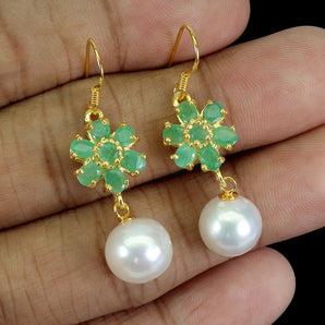 925 Sterling Silver Earrings Oval Emerald 4x3mm Pearl Flower Gemstone Jewelry