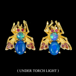 925 Sterling Silver Earrings Oval Blue Opal 8x6mm Fire Opal Bee Gemstone Jewelry
