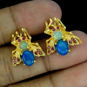 925 Sterling Silver Earrings Oval Blue Opal 8x6mm Fire Opal Bee Gemstone Jewelry