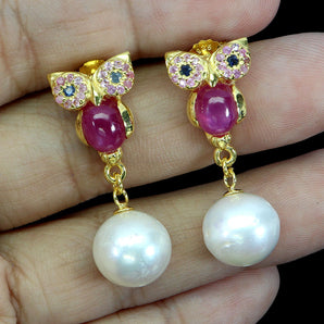 925 Sterling Silver Earrings Oval Ruby 7x5mm Sapphire Owl Gemstone Jewelry