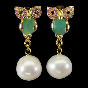 925 Sterling Silver Earrings Oval Emerald 7x5mm Pearl Ruby Sapphire Owl Gemstone