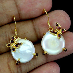 925 Sterling Silver Earrings Round Rhodolite Pearl Butterfly Gemstone Jewelry