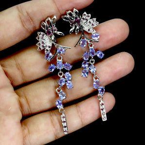925 Sterling Silver Earrings Oval Tanzanite Rhodolite Garnet Gemstone Jewelry