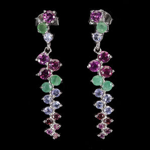 925 Sterling Silver Earrings Round Rhodolite Emerald Tanzanite Gemstone Jewelry