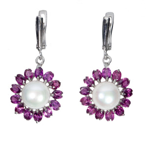 925 Sterling Silver Earrings Oval Rhodolite Garnet 5x3mm Pearl Gemstone Jewelry