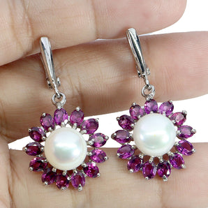 925 Sterling Silver Earrings Oval Rhodolite Garnet 5x3mm Pearl Gemstone Jewelry