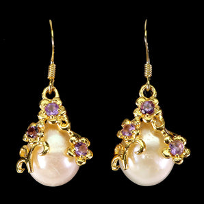 925 Sterling Silver Earrings Round Amethyst 2mm Pearl Natural Gemstone Jewelry
