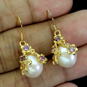 925 Sterling Silver Earrings Round Amethyst 2mm Pearl Natural Gemstone Jewelry