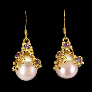 925 Sterling Silver Earrings Round Amethyst 2mm Pearl Natural Gemstone Jewelry